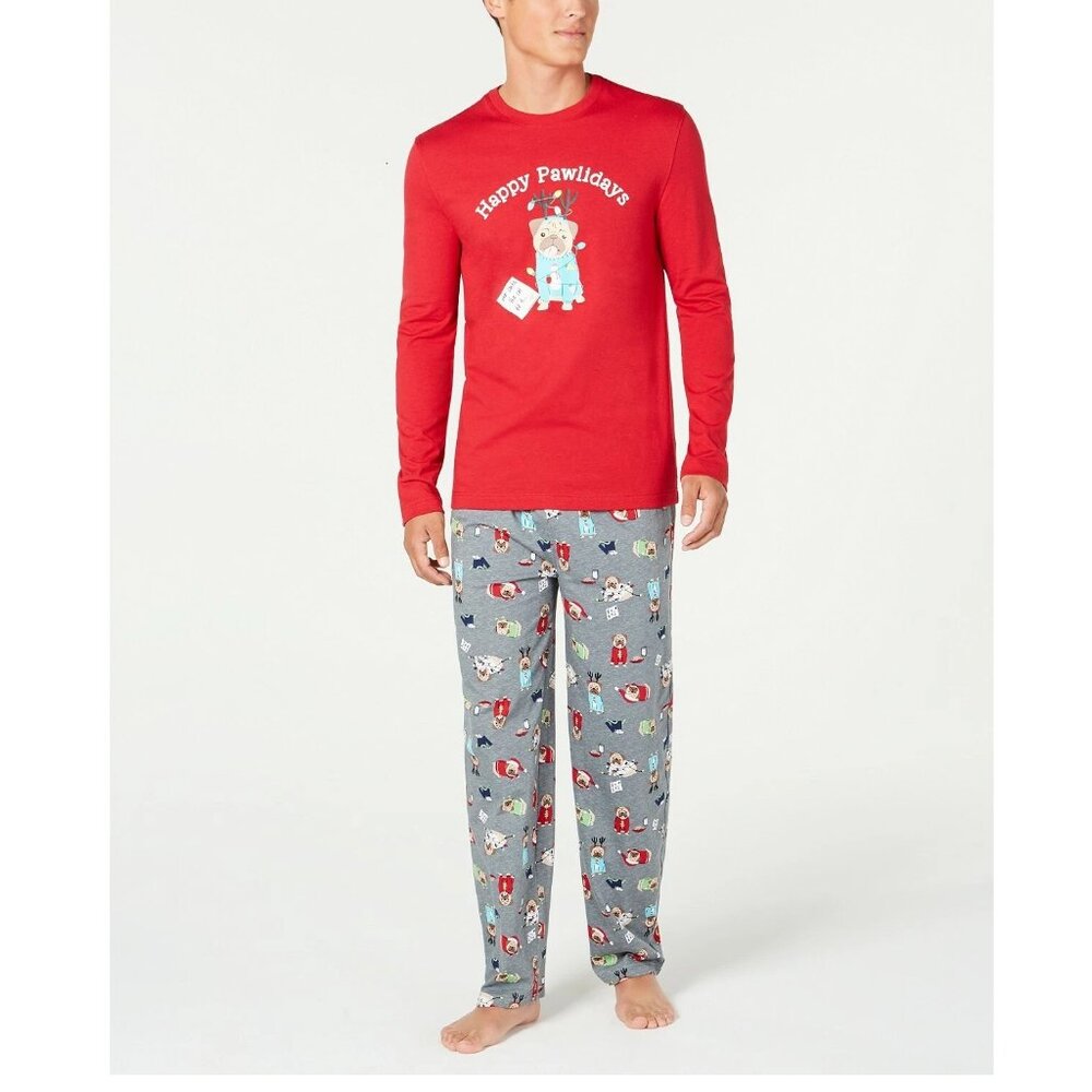Family Pajamas Men's Happy Holidays Dog 2-Piece PJ, Red/Gray Multi, XL